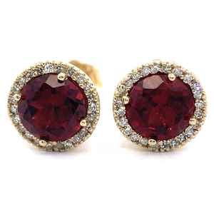 lot 31 image: NEW Round Garnet & Natural Diamond Halo Stud Earrings in 14k Yellow Gold