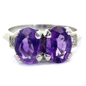 lot 13B image: Two-Stone Oval Amethyst & Natural Diamond Ring in 14k White Gold VIDEO