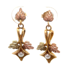 lot 39B image: Black Hills Gold Pearl Drop Dangle Earrings in Tri-Color Gold VIDEO