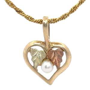lot 40B image: Black Hills Gold Pearl Heart Halo Pendant Necklace in Tri-Color Gold VIDEO