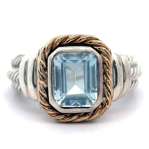lot 41B image: Blue Topaz Twisted Rope Bezel Textured Ring in Two-Tone VIDEO