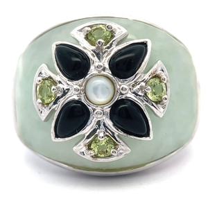 lot 45B image: Jade, Onyx & Green Topaz Green Flower Ring VIDEO