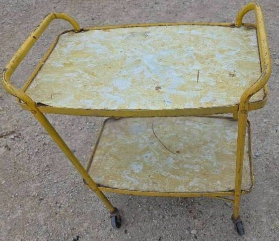 lot 21 image: Yellow Vintage Metal Kitchen Cart