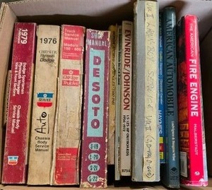 lot 20 image: Old cartruck, boat & Snowmobile books and service manuals, Box-o-Books