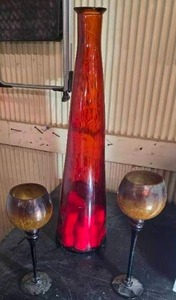lot 17 image: Tall Red Vase and Wine-glass style candle holders