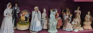 lot 49 image: 1980s HOMCO Courtneys Dream, My Beau (groom), The Brides Day   Lefton Teacher Figurine with chalkboard, 1970s Chadwick Miller Sankyo music box, Enesco Growing Up Girls  Isabel Bloom, Deville, Kim Anderson, Willow Tree