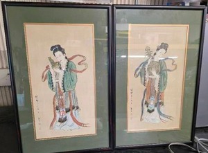 lot 42 image: Mid-Century Chinese wall art pieces depicting beauties playing musical instruments