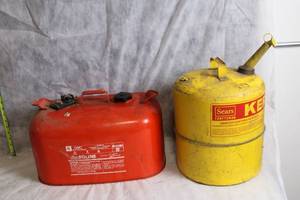 lot 110 image: Set of 2 Fuel Cans Red Gasoline and Yellow Kerosene Canisters