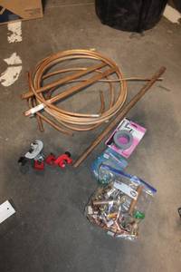 lot 284 image: Plumbing Supplies Lot Copper Pipes, Fittings, Cutters, Teflon Tape