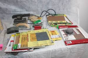 lot 122 image: Sanding Tools Lot Including Electric Sander and Sanding Sheets