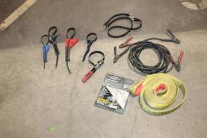 lot 125 image: Automotive Accessory Lot with Recovery Strap, Jumper Cables, and Heat Shield