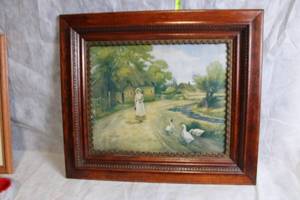 lot 134 image: Vintage Framed Pastoral Painting with Wooden Frame
