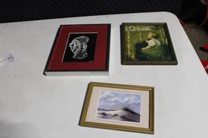 lot 203 image: Set of 3 Framed Artworks - Cats, Child Nature, and Beach Scene