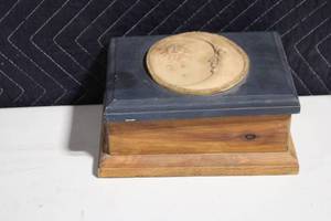 lot 204 image: Wooden Box with Moon and Sun Top Relief