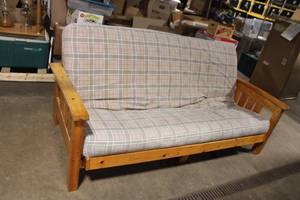 lot 229 image: Wooden Futon Sofa Bed with Plaid Mattress