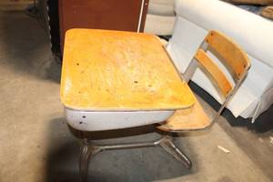 lot 250 image: Vintage School Desk with Attached Chair