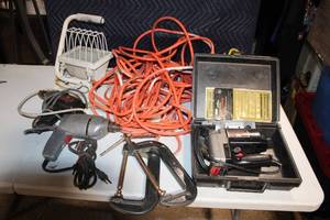 lot 251 image: Assortment of Power Tools and Accessories Including Drill, Jigsaw, Light, and C-Clamps