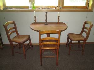 lot 67 image: 36in round Wood drop leaf table, 3-...