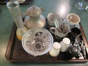 lot 172 image: Cut glass candy dish, wine toppers,...