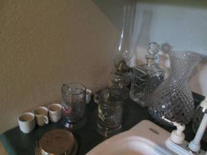 lot 249 image: Vintage cut glass decanters, oil la...