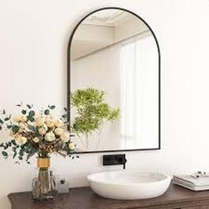 lot 14 image: XRAMFY 24 in. W x 36 in. H Arched Black Aluminum Alloy Framed Wall Mirror Customer Returns See Pictures