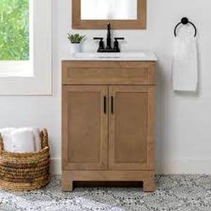lot 28 image: Glacier Bay Lyton 25 in. Single Sink Sand Bath Vanity with White Cultured Marble Top (Assembled)   Customer Returns See Pictures