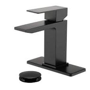 lot 41 image: AIMADI Single Handle Single Hole Waterfall Bathroom Faucet with Pop-Up Drain Stainless Steel Vanity Sink Taps in Matte Black  Customer Returns See Pictures