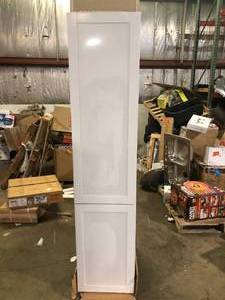 lot 12 image: Hampton Bay Westfield Feather White Shaker Stock Assembled Pantry Cabinet (18 in. W x 23.75 in. D x 84 in. H)  Customer Returns See Pictures