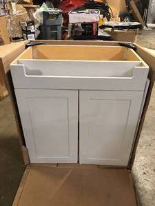 lot 42 image: 31 in. Single Sink Pearl Gray Bath Vanity (Marble Vanity Top  Not Included)  (Assembled) Damaged   Customer Returns See Pictures