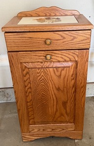 lot 135 image: Oak Wooden Cabinet with Tile Inlay and Pull-Out Trash Bin
