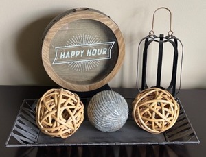 lot 143 image: Decorative Metal Tray with Assorted Orbs and Candle Holder and Happy Hour Wine Cork Collector