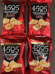 lot 117 image: TN 3 - Set of 4 Bags of 4505 Chicharrones Classic Chili & Salt Fried Pork Rinds
