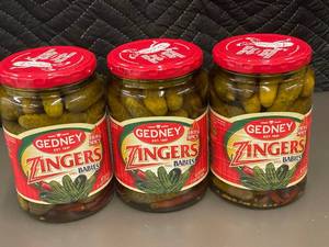 lot 424 image: Set of 3 Gedney Zingers Dill Babies Hot & Spicy Pickles