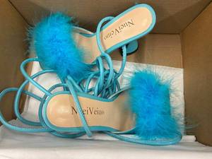 lot 29 image: Pair of Turquoise Feathered Heeled Sandals, Size 37