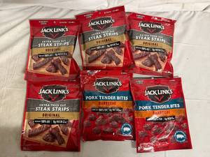 lot 218 image: 6 Bags of Jack Links Steak Strips and Pork Tender Bites