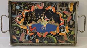 lot 121 image: Vintage Art Nouveau Embellished Lithograph Under Glass Serving Tray
