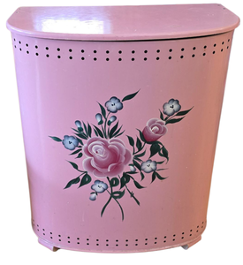 lot 126 image: Vintage Pink Metal Hamper with Floral Motif