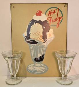 lot 156 image: Vintage Tin Hot Fudge Sign & Hershey Parfait Glasses