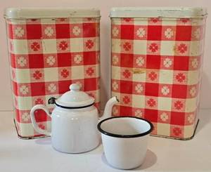 lot 161 image: Fun Vintage Canister Pair & Enamel Ware Duo