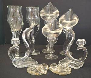 lot 178 image: Unique Glass Candleholder Grouping including Vintage Pair of Art Deco Style Viking Candleholders
