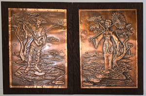 lot 205 image: Vintage Georgia Film Art Hammered Copper on Wood Wall Art Pair
