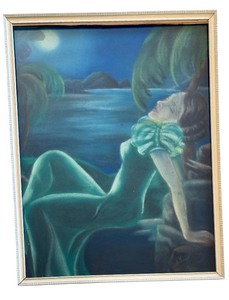 lot 4 image: Original Chalk Ware Artwork - Relaxing Lady by Moonlit Sea