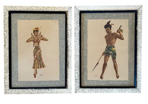 lot 15 image: Pair of Vintage Framed Original Artwork with Tribal Polynesian Motifs