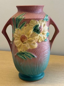 lot 18 image: Vintage Roseville Pottery Vase with Floral Design - 9.75 Tall