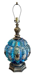 lot 21 image: Vintage Falkenstein Carnival Blue Iridescent Glass Lamp with Floral Design