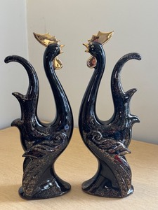 lot 25 image: Pair of Mid-Century 13 Black and Gold Ceramic Rooster Figurines