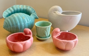 lot 60 image: Set of Vintage Pottery Including Shell Planter, Candle Holders, and Vase