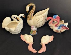 lot 219 image: Vintage Painted Ceramic Bird Vases and Wall Plaques