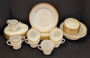 lot 258 image: Vintage Fire King Gold Rim Milk Glass Dishes