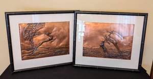 lot 261 image: Framed Embossed Copper Antelope Wall Hangings